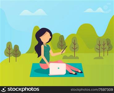 Woman sitting on mat with laptop and phone, portrait view of female with wireless equipment. Person working outdoor with gadgets, green nature vector. Girl Using Laptop and Phone in Park, Gadget Vector