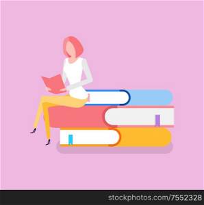 Woman sitting on pile of books education knowledge receiving vector. Bookworm with printed publications getting information from encyclopedia reference. Woman Sitting on Pile of Books Education Knowledge