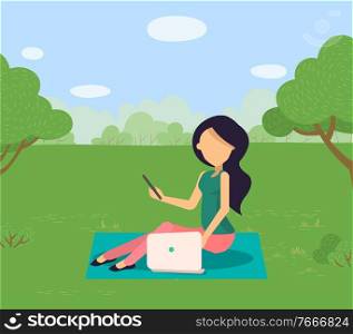 Woman sitting on rug on grass in park and working with laptop on fresh air. Girl with smartphone and computer outdoors, freelancer character vector illustration. Woman Sitting on Grass in Park with Laptop Vector