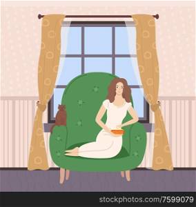 Woman sitting on sofa or big armchair with cat, female eating popcorn, interior of room, wooden window with curtain, wallpaper and floor, leisure vector. Female sitting on Sofa with Cat, Interior Vector
