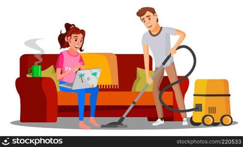 Woman Sitting On Sofa With Book, Man Vacuuming Floor Vector. Isolated Illustration. Woman Sitting On Sofa With Book, Man Vacuuming Floor Vector. Illustration