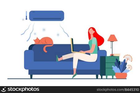 Woman sitting on sofa with cat and laptop under air conditioner. Girl, cooling, couch flat vector illustration. Home and freelance concept for banner, website design or landing web page