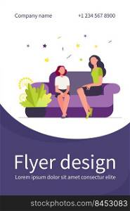 Woman sitting on sofa with girl. Mother, daughter, couch flat vector illustration. Family and relationship concept for banner, website design or landing web page