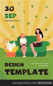 Woman sitting on sofa with girl. Mother, daughter, couch flat vector illustration. Family and relationship concept for banner, website design or landing web page
