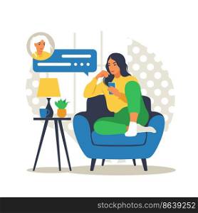 Woman sitting on sofa with phone. Working in phone. Freelance, online education or social media concept. Flat style. Vector illustration isolated on white.