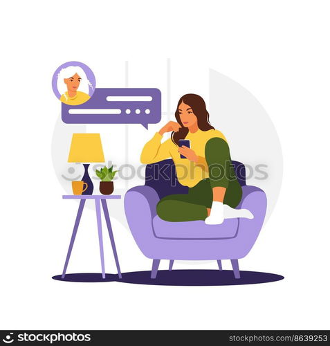 Woman sitting on sofa with phone. Working in phone. Freelance, online education or social media concept. Flat style. Vector illustration isolated on white.