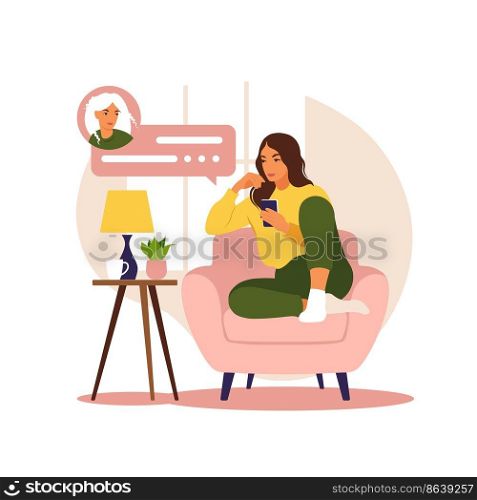 Woman sitting on sofa with phone. Working in phone. Freelance, online education or social media concept. Flat style. Vector illustration.