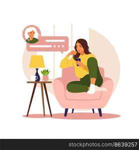 Woman sitting on sofa with phone. Working in phone. Freelance, online education or social media concept. Flat style. Vector illustration.
