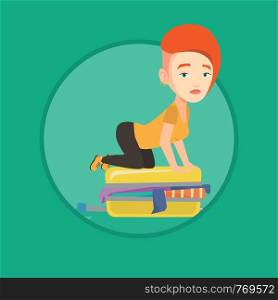 Woman sitting on suitcase and trying to close it. Woman having problems with packing a lot of clothes into a single suitcase. Vector flat design illustration in the circle isolated on background.. Young woman trying to close suitcase.