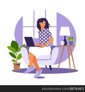 Woman sitting on the armchair with laptop. Working on a computer. Freelance, online education or social media concept. Working from home, remote job. Flat style. Vector illustration. Blue interior.