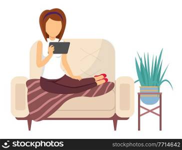 Woman sitting on the couch with a tablet. The girl with electronic equipment watching video. Female character is resting and spending time at home. Person relaxing with a tablet vector illustration. Young woman sitting on the couch with a tablet. The girl with electronic equipment watching video