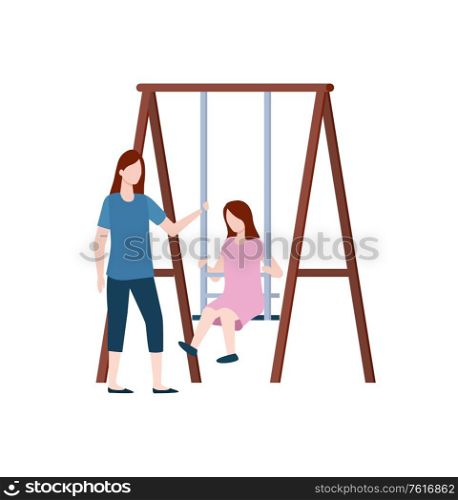 Woman sitting on wooden swing, girls in casual clothes on white, portrait view of people on playground, recreation and amusement, female outdoor vector. Recreation and Amusement, Girls on Swing Vector