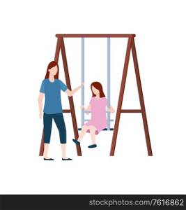 Woman sitting on wooden swing, girls in casual clothes on white, portrait view of people on playground, recreation and amusement, female outdoor vector. Recreation and Amusement, Girls on Swing Vector