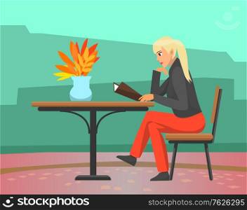 Woman sitting outside reading menu ready to make order vector. Table with vase decorated with yellow leaves, cityscape in autumn. Lady in cafe alone. Flat cartoon. Woman Reading Menu in Cafe, Autumn Season Vector