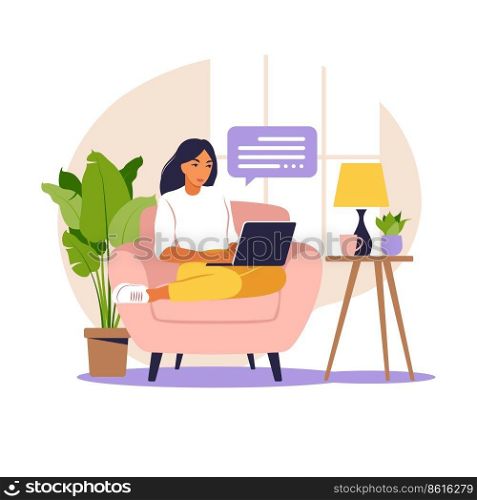 Woman sitting table with laptop and phone. Working on a computer. Freelance, online education or social media concept. Studying concept. Flat style.