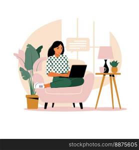 Woman sitting table with laptop and phone. Working on a computer. Freelance, online education or social media concept. Studying concept. Flat style.