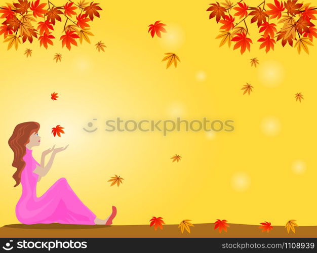 Woman sitting under a tree with colorful leaves There is yellow in the background. A woman stretched her hand to receive the fallen leaf.