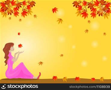 Woman sitting under a tree with colorful leaves There is yellow in the background. A woman stretched her hand to receive the fallen leaf.