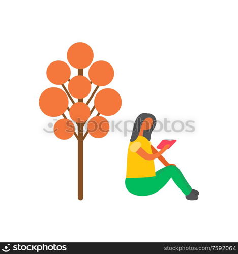 Woman sitting under orange tree and reading book. Vector isolated cartoon girl with textbook in hands. Female reader with open magazine, flat design. Woman Sitting Under Orange Tree and Reading Book