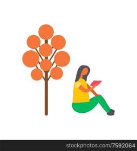 Woman sitting under orange tree and reading book. Vector isolated cartoon girl with textbook in hands. Female reader with open magazine, flat design. Woman Sitting Under Orange Tree and Reading Book
