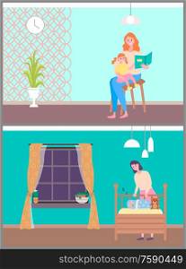 Woman sitting with daughter on chair and reading book together, mom caring and sleeping baby. Interior of room, blue walls, plant and lamp vector. Mom Caring, Child Reading and Baby Sleeping Vector