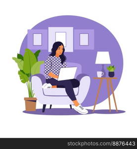 Woman sitting with laptop. Concept illustration for working, studying, education, work from home, healthy lifestyle. Can use for backgrounds, infographics, hero images. Flat. Vector illustration.