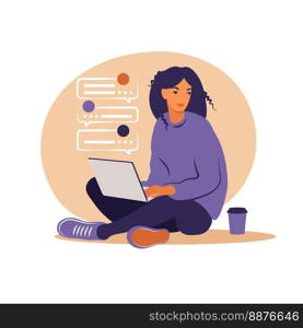 Woman sitting with laptop. Concept illustration for working, studying, education, work from home, healthy lifestyle. Can use for backgrounds, infographics, hero images. Flat. Vector illustration.