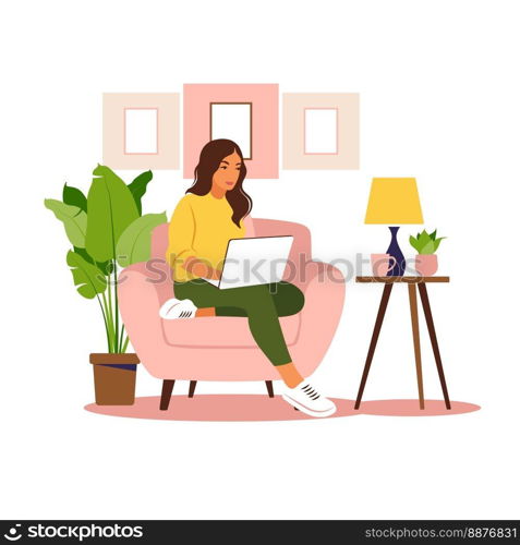 Woman sitting with laptop. Concept illustration for working, studying, education, work from home, healthy lifestyle. Can use for backgrounds, infographics, hero images. Flat. Vector illustration.