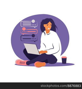 Woman sitting with laptop. Concept illustration for working, studying, education, work from home, healthy lifestyle. Can use for backgrounds, infographics, hero images. Flat. Vector illustration.