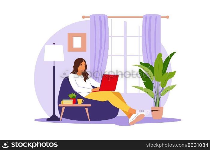 Woman sitting with laptop on bean bag chair. Concept illustration for working, studying, education, work from home. Flat. Vector illustration.