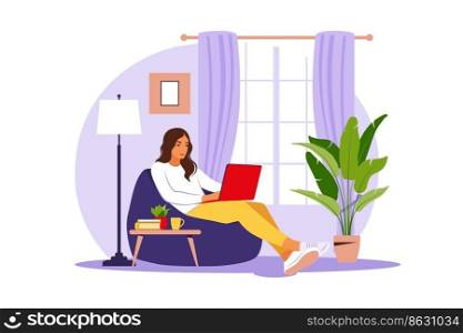 Woman sitting with laptop on bean bag chair. Concept illustration for working, studying, education, work from home. Flat. Vector illustration.
