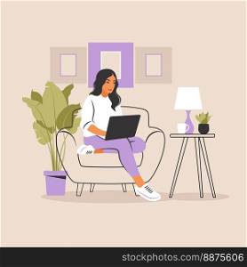 Woman sitting with laptop. Working on a computer. Freelance, online education or social media concept. Studying concept. Flat style.