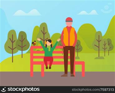 Woman sitting with rising hands and standing bird on red bench, man full length view, people in casual clothes, couple walking in green park vector. People Walking in Park, Trees and Clouds Vector