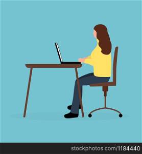 Woman sitting working at a laptop. Cartoon vector illustration, flat design.. Woman sitting working at a laptop. Cartoon vector illustration, flat design