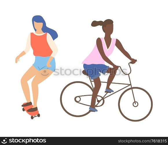 Woman skateboarding and riding on bike, isolated cartoon characters. Vector teenager girl on skateboard, skater in casual clothes, afro american lady on bike. Woman Skateboarding and Riding on Bike, Isolated