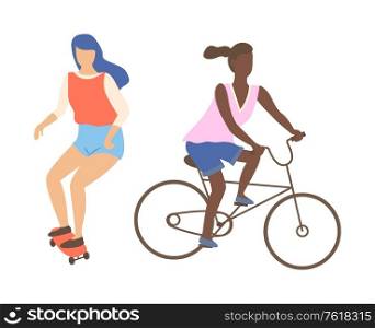 Woman skateboarding and riding on bike, isolated cartoon characters. Vector teenager girl on skateboard, skater in casual clothes, afro american lady on bike. Woman Skateboarding and Riding on Bike, Isolated