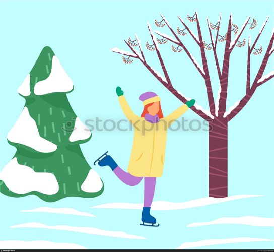 Woman skating alone in park or forest. Lady spend leisure time on winter holidays doing her hobby. Landscape with snowy trees and ground. Vector illustration of outdoor activity in flat style. Woman Skating Alone in Forest, Winter Holidays