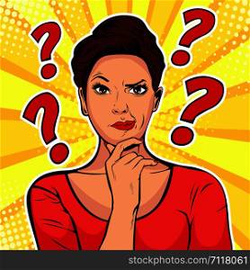 Woman skeptical facial expressions face with question marks upon hear head. Pop art retro vector illustration in comic style