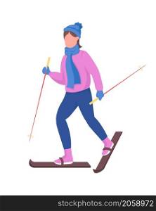 Woman skiing semi flat color vector character. Dynamic figure. Full body person on white. Outdoor winter recreation isolated modern cartoon style illustration for graphic design and animation. Woman skiing semi flat color vector character