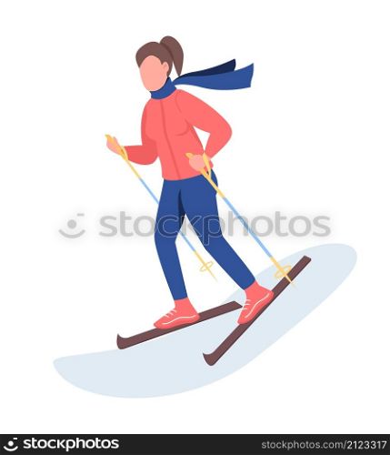 Woman skiing semi flat color vector character. Sporty figure. Full body person on white. Winter activity isolated modern cartoon style illustration for graphic design and animation. Woman skiing semi flat color vector character