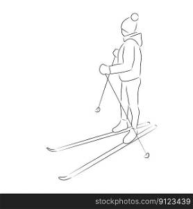 Woman skiing, vector. Hand drawn sketch. A woman in a hat and tracksuit on skis.