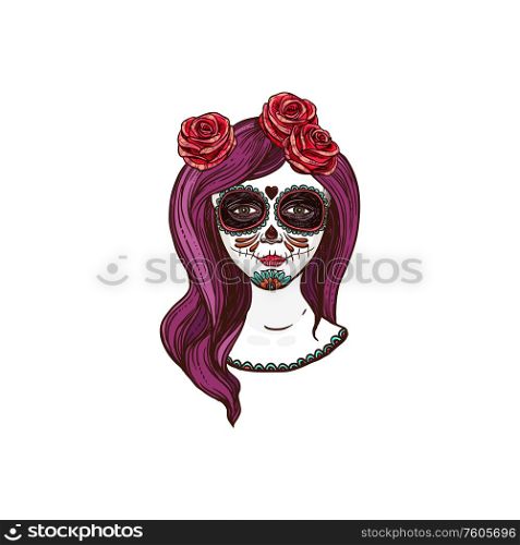 Woman skull with long hair decorated by flowers isolated sketch. Vector Catrina Calavera, Cinco de mayo. Catrina Calavera skull mexican Day of death symbol