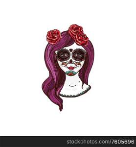 Woman skull with long hair decorated by flowers isolated sketch. Vector Catrina Calavera, Cinco de mayo. Catrina Calavera skull mexican Day of death symbol