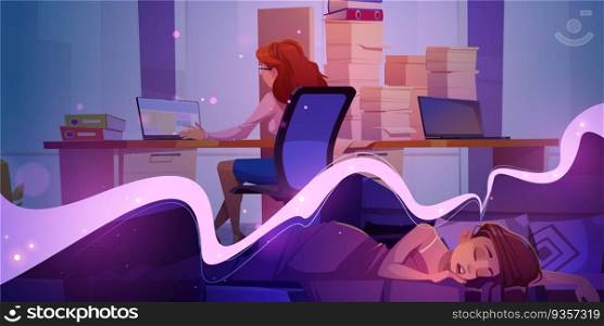 Woman sleep in bed and dream about work. Asleep girl in bedroom and female character at table with laptop and paperwork in office, vector cartoon illustration. Woman sleep in bed and dream about work