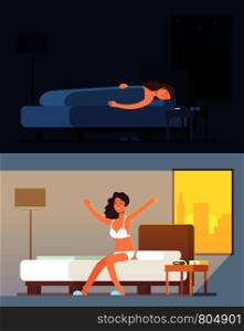 Woman sleeping and dreaming in bed at night and waking up in morning cartoon vector concept. Illustration of character dream and awake in bedroom. Woman sleeping and dreaming in bed at night and waking up in morning cartoon vector concept