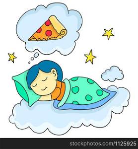 woman sleeps and dreams of a slice of pizza. cartoon illustration cute sticker