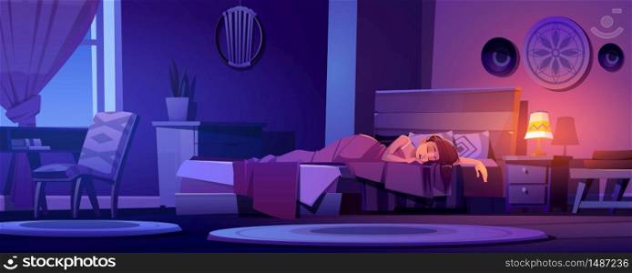 Woman sleeps in bed at night. Bedroom interior in boho style with wooden furniture. Vector cartoon illustration with asleep girl, lit lamp on nightstand and moon light from window. Woman sleeps in bed in boho interior at night