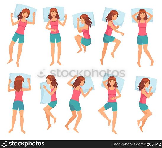 Woman sleeps in different poses. Healthy night sleep, sleeping pose and female character sleep on pillow cartoon vector illustration set. Bundle of girl lying in various postures during night repose.. Woman sleeps in different poses. Healthy night sleep, sleeping pose and female character sleep on pillow cartoon vector illustration set