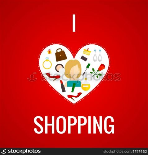 Woman smart shopping shoes cosmetics flowers presents with cash heart symbol icon pictogram flat abstract vector illustration