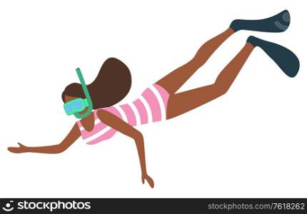 Woman snorkeling in diving mask isolated. Vector female with tube going to dive, underwater floating person in swimsuit and flippers, striped bikini. Woman Snorkeling in Diving Mask Isolated. Vector